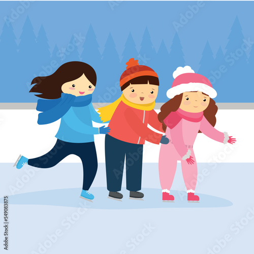 three children ice skating on a rink