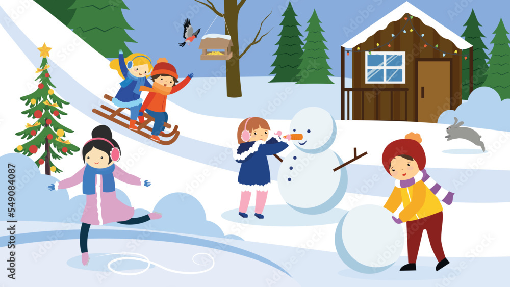 Fototapeta premium children sculpt a snowman and play in the snow