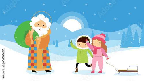 saint nicholas with gifts in a bag met children