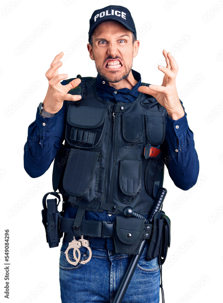 Young handsome man wearing police uniform shouting frustrated with rage, hands trying to strangle, yelling mad Young handsome man wearing police uniform shouting frustrated with rage, hands trying to strangle, yelling mad
