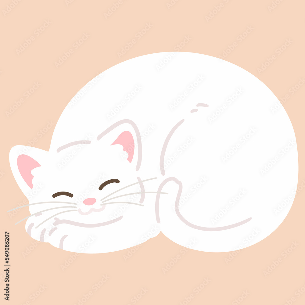 Simple and adorable illustration of white cat sleeping flat colored