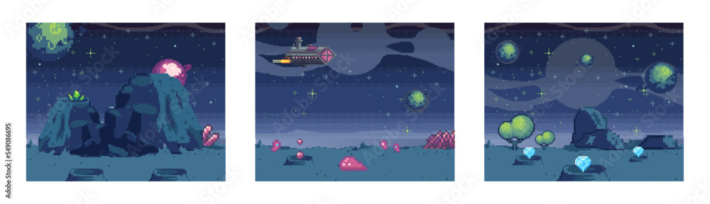 Cosmic scenes set in pixel art. Pixelated location for game or application. Background of space and spaceship. Fantastic landscape with planet, UFO and stars. 8 bit video game. Galactic videogame area Cosmic scenes set in pixel art. Pixelated location for game or application. Background of space and spaceship. Fantastic landscape with planet, UFO and stars. 8 bit video game. Galactic videogame area