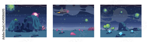 Cosmic scenes set in pixel art. Pixelated location for game or application. Background of space and spaceship. Fantastic landscape with planet, UFO and stars. 8 bit video game. Galactic videogame area