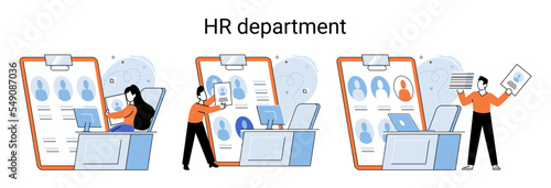 HR department work scenes set, qualified employee responsible for formation of human resources in organization. Specialist engaged in selection, adaptation, dismissal, development of personnel