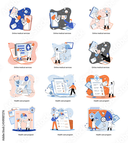 Health care program metaphor, online medical services, protection medicine. Medical insurance, hospital services, preventive check up, sick leave certificate treatment diagnosis patients, telemedicine