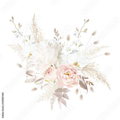 Boho beige and blush trendy vector design bouquet. Pastel pampas grass, ivory peony, creamy orchid, dusty pink rose