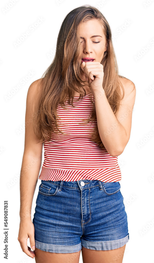 Beautiful caucasian young woman wearing casual clothes feeling unwell and coughing as symptom for cold or bronchitis. health care concept. Beautiful caucasian young woman wearing casual clothes feeling unwell and coughing as symptom for cold or bronchitis. health care concept.