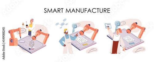 Industry automation production images set. Engineers control manufacturing equipment using digital devices. Modern industrial technologies, technical and science innovation. Smart manufacture concept