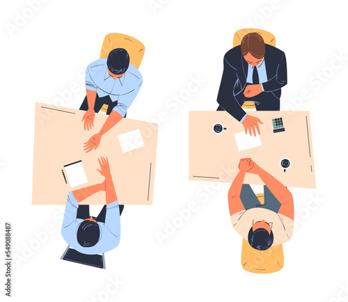 Man Office Employee Sitting at Table as Workplace Top View Vector Set