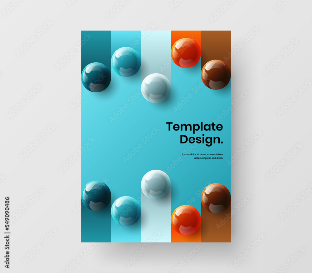 Fresh 3D balls journal cover layout. Isolated presentation vector design illustration.