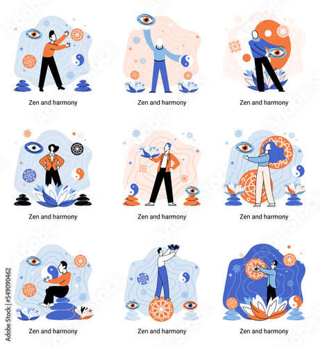 Zen and harmony metaphor, meditation practice. Balance, relaxation, mindfulness. Calm person relaxing. Yoga and spiritual practice, relax, recreation, healthy lifestyle. Japanese cult of mind and body