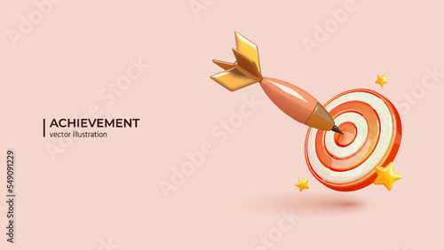 3D Dart hit on Center of Target. Realistic 3d Design of Success business target customer online marketing consultants. Vector illustration in cartoon minimal style.