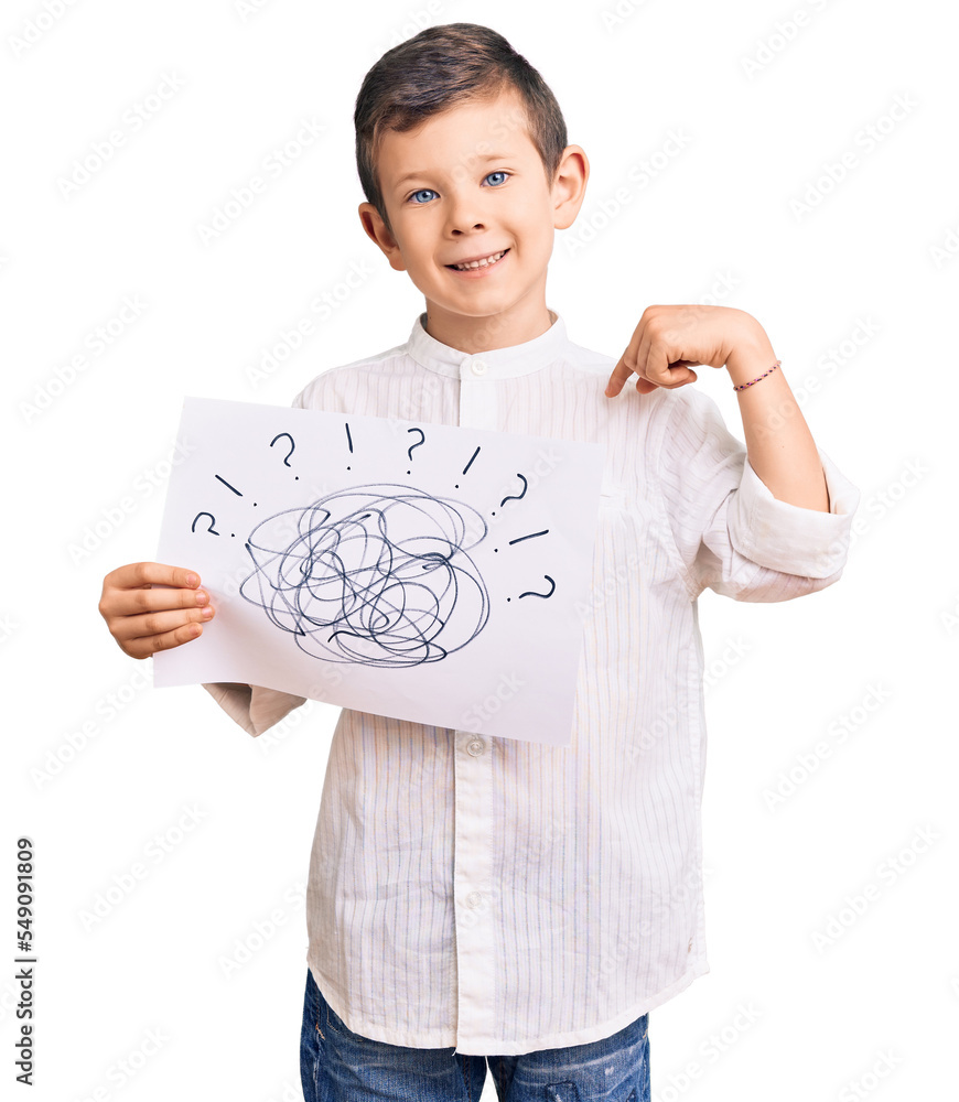 Cute blond kid holding scribble draw pointing finger to one self smiling happy and proud Cute blond kid holding scribble draw pointing finger to one self smiling happy and proud