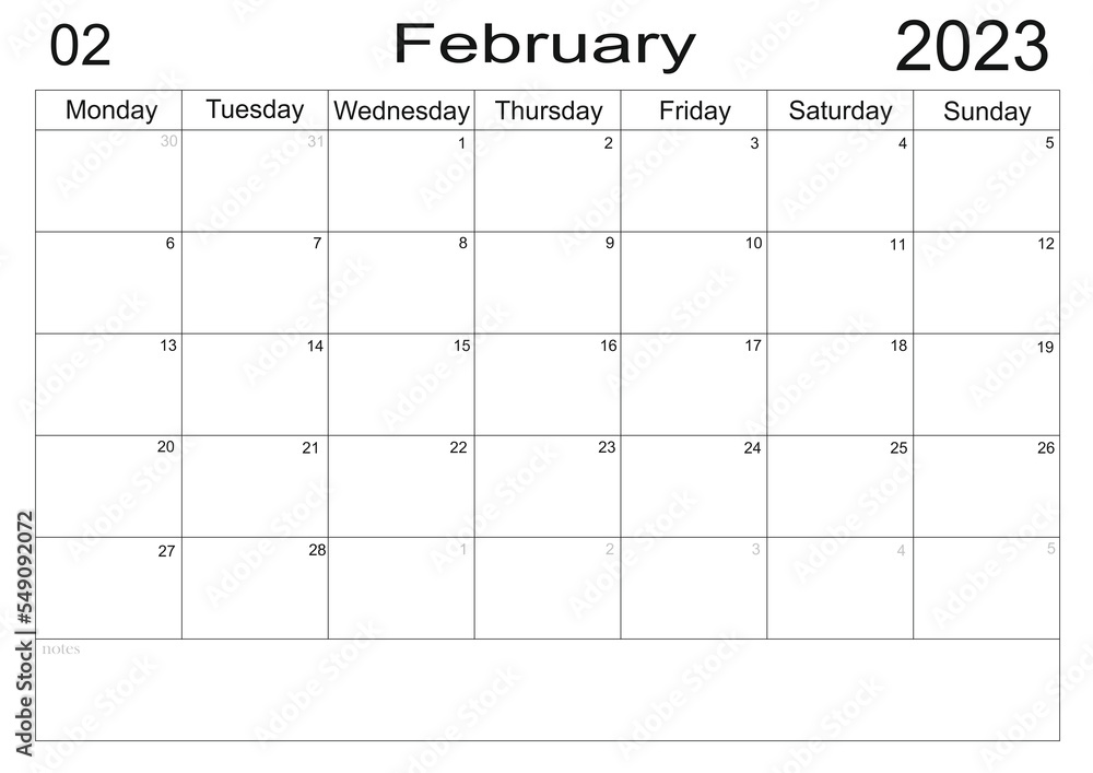 Planner for February 2023. Schedule for month. Monthly calendar. Organizer for Planner for February 2023. Schedule for month. Monthly calendar. Organizer for