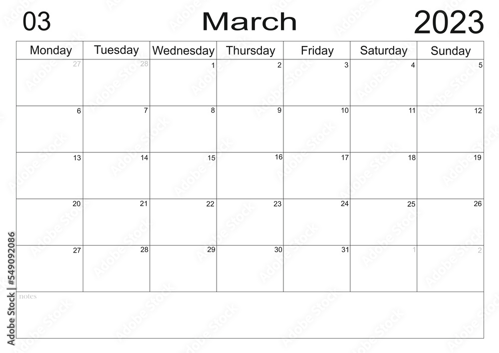 Planner for March 2023. Schedule for month. Monthly calendar. Organizer for Planner for March 2023. Schedule for month. Monthly calendar. Organizer for