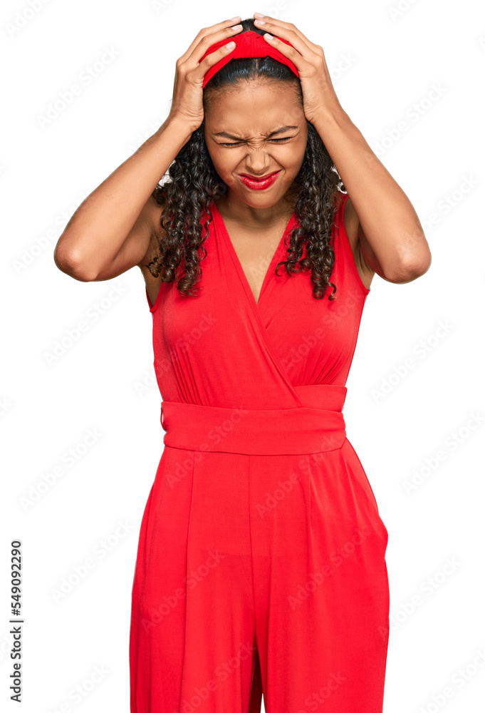 Young african american girl wearing elegant and sexy look suffering from headache desperate and stressed because pain and migraine. hands on head. Young african american girl wearing elegant and sexy look suffering from headache desperate and stressed because pain and migraine. hands on head.