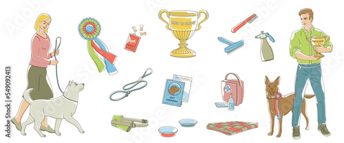 dogs show woman walking dog, man with best in show cup, set elements-badge, cup, pet passport, comb, brush, leash,