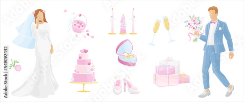 Marriage ceremony, wedding day, bride and groom. Cake, bridal rings, candles, wedding gifts, glasses of champagne, bridesmaid shoes,color vector illustration 