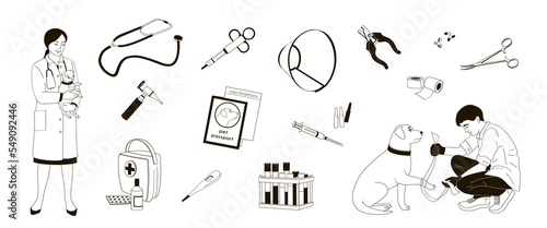  veterinarians examines a dogs. Veterinary clinic, medical service or pet medical center Set of medical tools and healthcare equipment.Black and white linear vector illustration