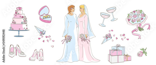 Lesbian Marriage ceremony, LGBT wedding concept Two women holding hands Cake, bridal rings, wedding gifts, glasses of champagne, linear vector illustration with colour shapes 
