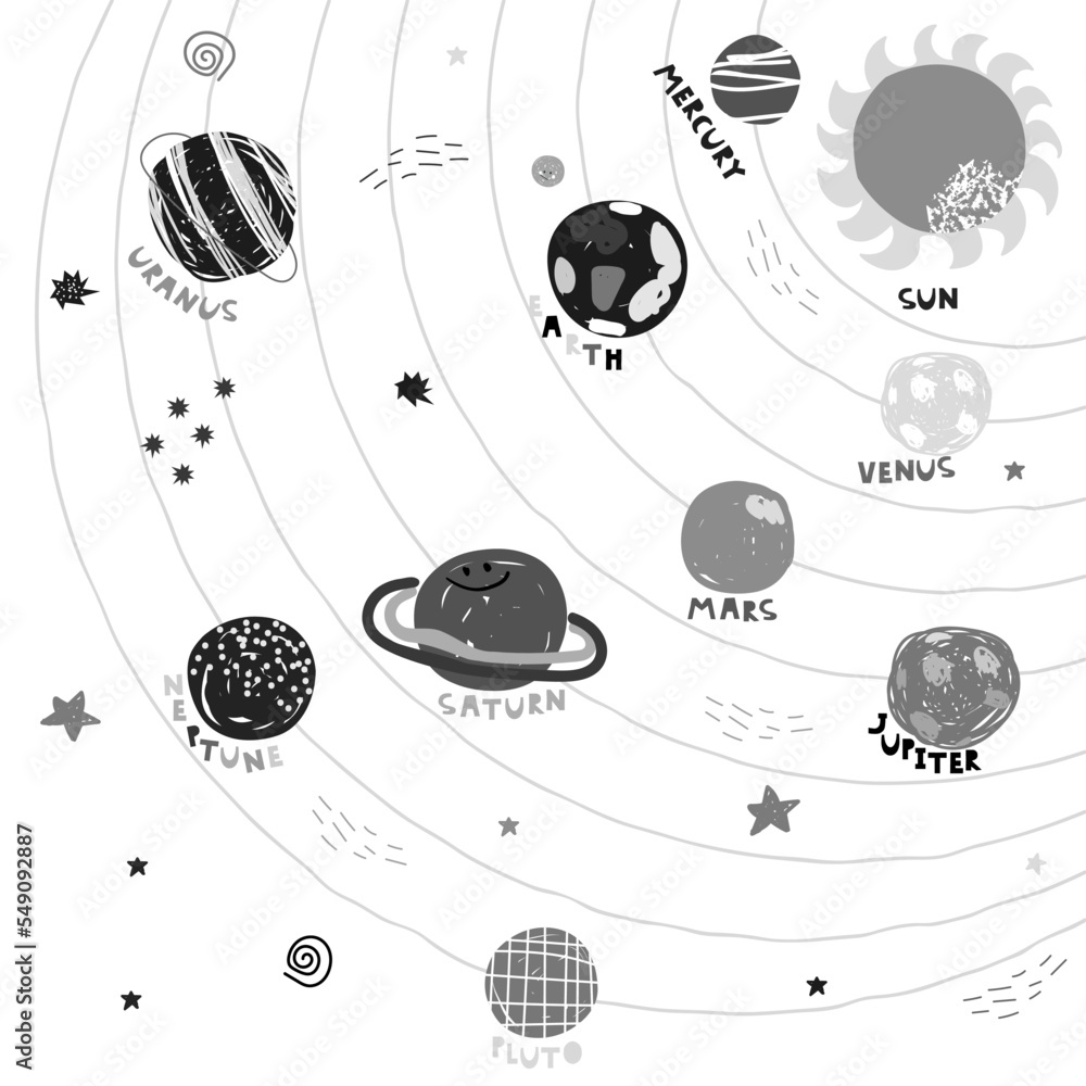 Black and white cartoon Solar System. Funny kids graphic. Vector hand