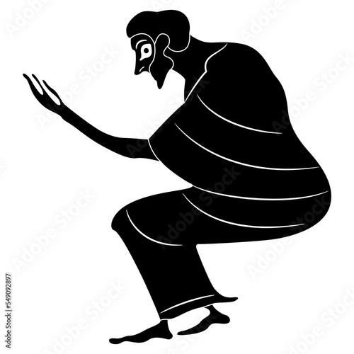 Seated ancient Greek man with raised arm. Black and white silhouette. Vase painting style. 