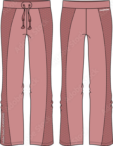 Women Sports running track Pants design flat sketch vector illustration, Jogger pants concept with front and back view, Sweatpants Bottom for jogging, fitness, and active wear pants design.