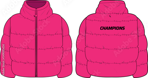 Womens Quilted Puffer jacket design flat sketch Illustration, Down puffa Padded Hooded jacket with front and back view, Soft shell winter jacket for girls and ladies for outerwear in winter.