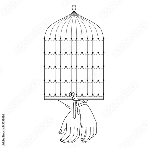 Human hands tied with rope attached to a bird cage. Symbol of unfreedom and bondage. Black and white linear silhouette.