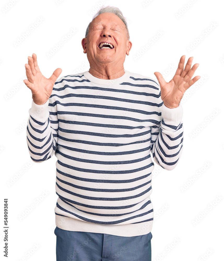 Senior handsome grey-haired man wearing casual striped sweater celebrating mad and crazy for success with arms raised and closed eyes screaming excited. winner concept Senior handsome grey-haired man wearing casual striped sweater celebrating mad and crazy for success with arms raised and closed eyes screaming excited. winner concept