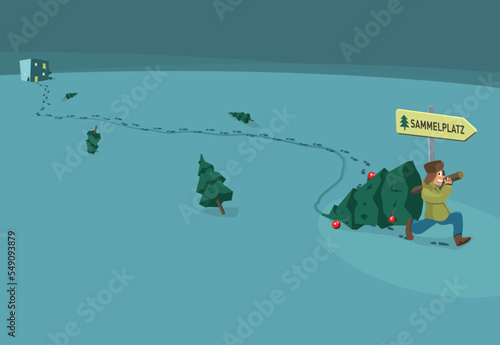 Grafik Mann im Schnee bei der Entsorgung des alten Weihnachtsbaums