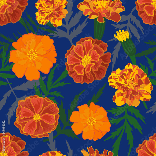 Vector seamless pattern on blue background with marigolds flowers and leaves. Dia De Muertos. Catrina. The Mexican day of the Dead. Indian holiday Diwali. Halloween.