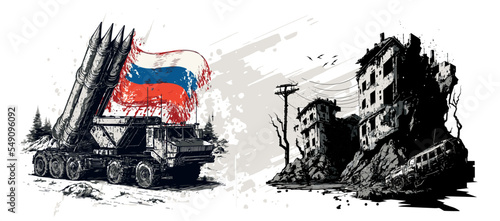 Russian tank with a flag Attack Civilians and Residential Buildings. War in Ukraine by Russian invasion. MLRS - multiple launch rocket system attacking Ukraine.