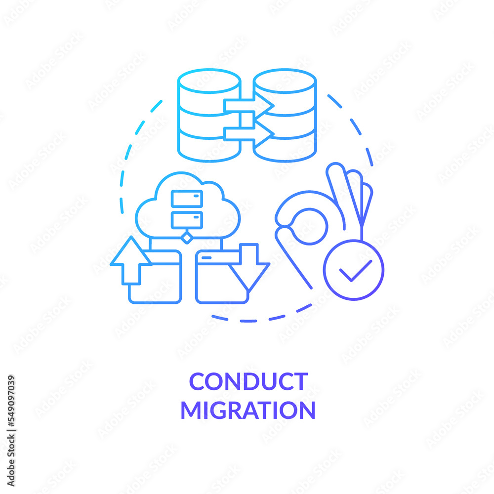 Conduct migration blue gradient concept icon. Change CMS platform. Move website to new server. Data transfer abstract idea thin line illustration. Isolated outline drawing. Myriad Pro-Bold font used