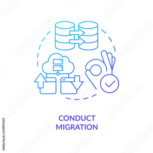 Conduct migration blue gradient concept icon. Change CMS platform. Move website to new server. Data transfer abstract idea thin line illustration. Isolated outline drawing. Myriad Pro-Bold font used