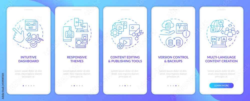 Content management system benefits blue gradient onboarding mobile app screen. Walkthrough 5 steps graphic instructions with linear concepts. UI, UX, GUI template. Myriad Pro-Bold, Regular fonts used