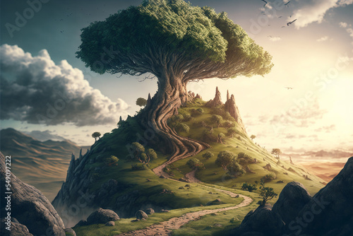 Surreal giant tree on top of a hill, detailed, path up the hill, vast landscape