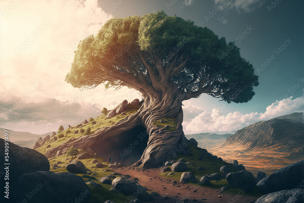 Surreal giant tree on top of a hill, detailed, path up the hill, vast landscape