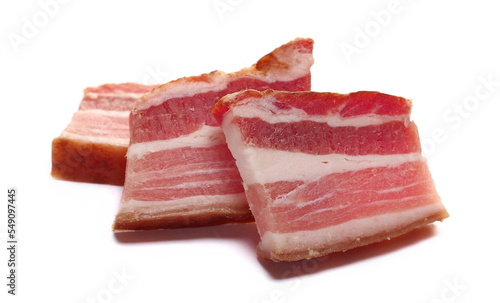 Dried and smoked bacon slice isolated on white 