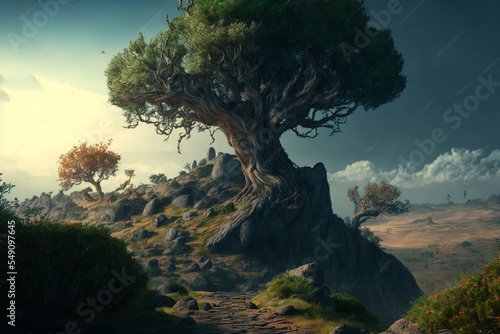 Surreal giant tree on top of a hill, detailed, path up the hill, vast landscape