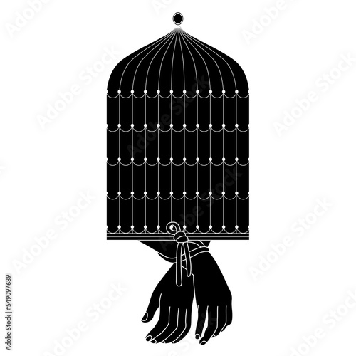 Human hands tied with rope attached to a birdscage. Symbol of unfreedom and bondage. Black and white negative silhouette.