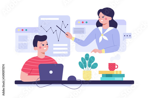 Concept of e-learning platform and distance learning. Student learning on laptop. Teacher or tutor on display.