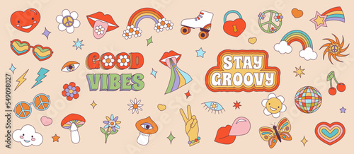 Retro 70s Groovy Hippie sticker set. Psychedelic cartoon elements -funky daisy flower, mushroom, eye, rainbow, peace, love, heart, cherrie, disco ball, roller in vintage hippy style. Vector set