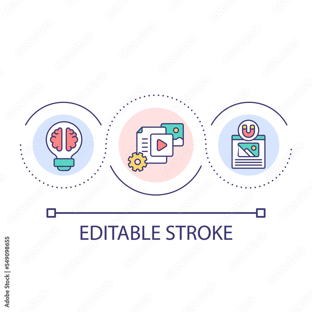 Content marketing loop concept icon. Multimedia management. Publishing on social media abstract idea thin line illustration. Isolated outline drawing. Editable stroke. Arial font used