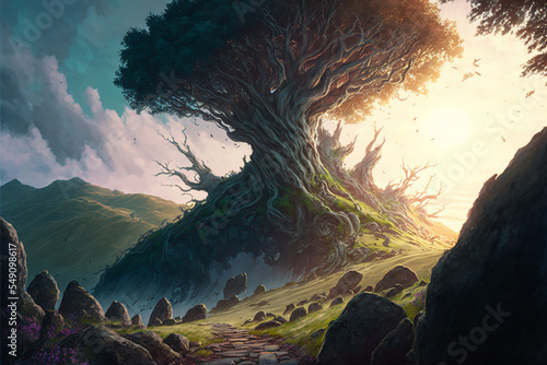 Surreal giant tree on top of a hill  detailed  path up the hill  vast landscape