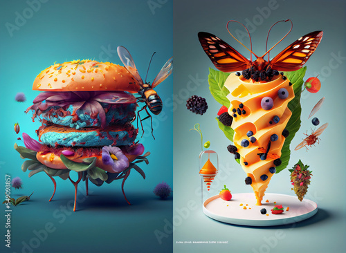 Food of the future. Food made from insects. High cuisine. Restaurant food, food from insects. Surrealism. Colorful flowers. edible insects, our future, restaurant menu, illustration of a butterfly, 