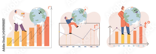 Global warming metaphor concept. Scientist studies problem of rising temperatures on planet Earth. Makes analysis of ecology and environment. Scientific research on climate change, environmental tests