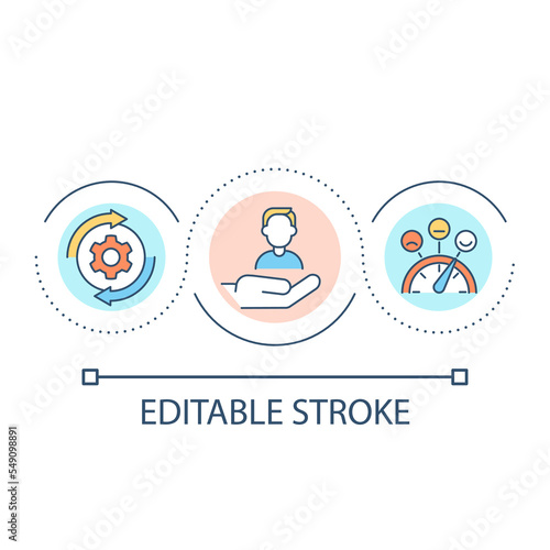 Client satisfaction loop concept icon. Assess customer experience. Improve consumer reaction abstract idea thin line illustration. Isolated outline drawing. Editable stroke. Arial font used
