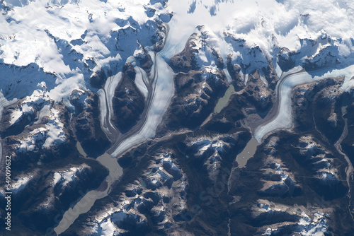 Aerial view of Colonia Glacier and Colonia Lake in the Chilean Patagonia, Chile. Snow covered mountains. Digitally enhanced. The elements of this image furnished by NASA.