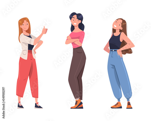 Young Smiling Woman in Standing Pose with Satisfied Face Expression Vector Set